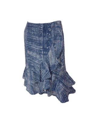 Ralph Lauren blue ecru linen-blend print tiered ruffle faux wrap skirt size 14